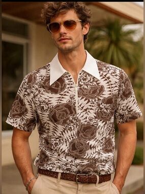 Vintage Dutchmaid 70s Mod Floral Shirt Brown White Quarter Zip